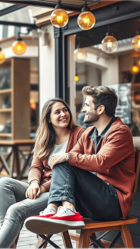 A Young Couple Enjoying Coffee Outdoors