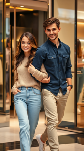 A Young Couple Exiting a Luxurious Boutique Together