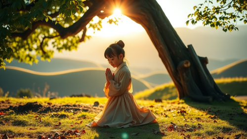 A Young Girl Praying in Korean Nature Harmony