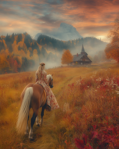 A Young Girl and Her Pony in Autumn Morning