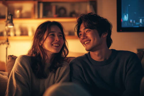 A Young Japanese Couple Watching TV in Cozy Living Room