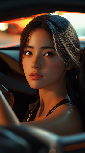 A Young Japanese Woman in Luxury Sports Car