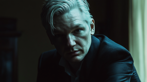 A Young Julian Assange in Moody Cinematic Shadows