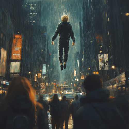 A Young Man Floats Above Crowded Rainy Street