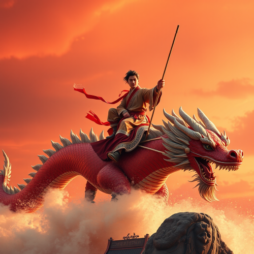 A Young Man Riding Chinese Dragon under Red Sky