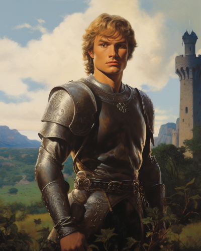 A Young Man in Armor in Field with Castle