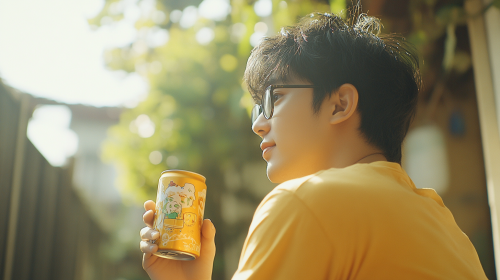 A Young Man in Yellow Shirt at Yard