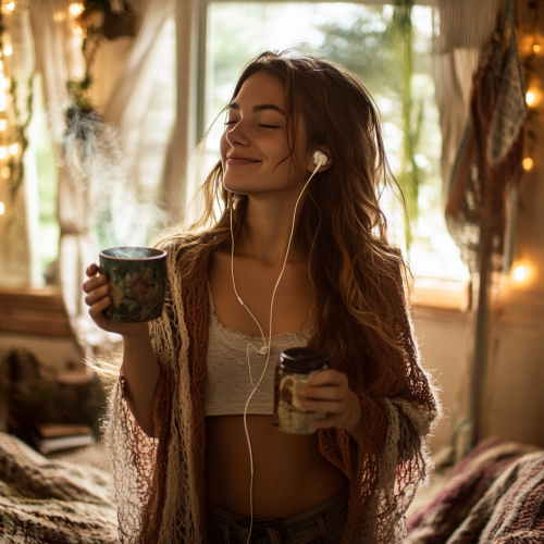 A Young Woman Dancing Freely in Cozy Space