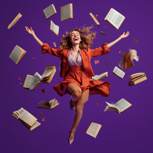 A Young Woman Flying with Fantasy Books