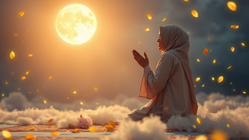 A Young Woman Praying Amid Golden Petals on Ramadan Night