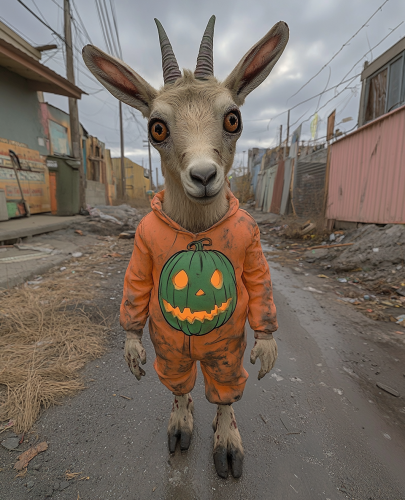 A Zombie Goat Man Walking Through a Burning Barrio