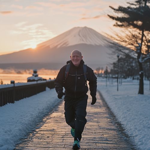 A bald person smiles in winter sunrise photo