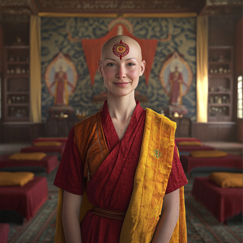 A bald woman in red robes smiles serenely