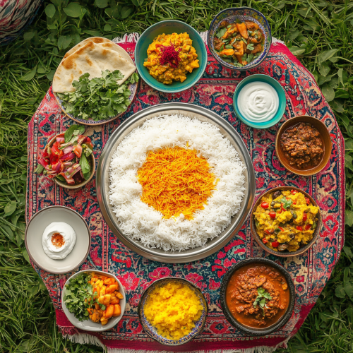 A beautiful Iranian lunch spread on grassy lawn