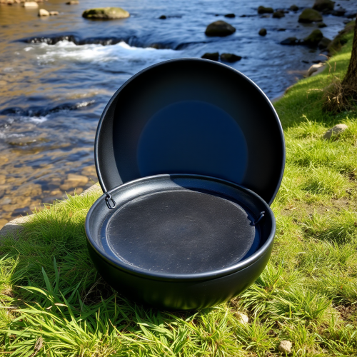 A beautiful black handpan by the clear river.