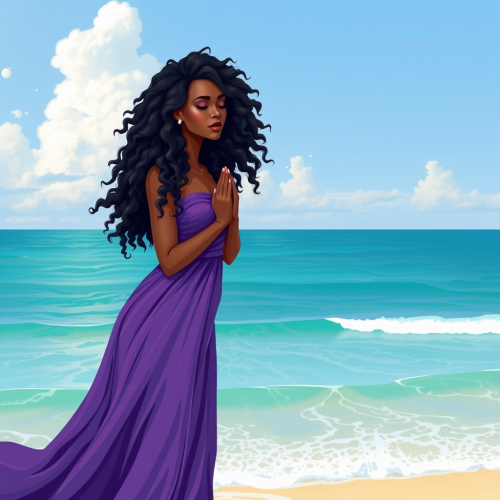 A beautiful black woman in purple standing by ocean.