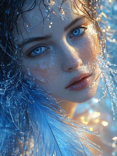 A beautiful blue phoenix rises from crystal river