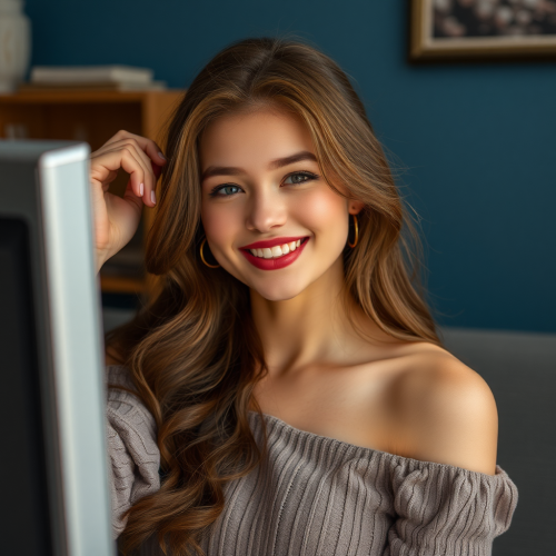 A beautiful girl sets up computer with WiFi router.