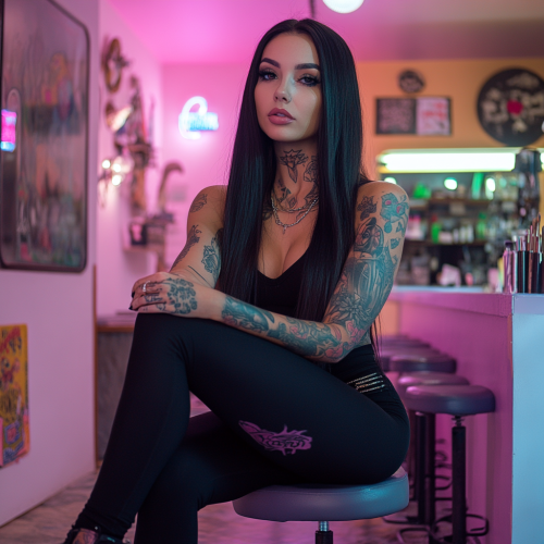 A beautiful girl with tattoos doing a tattoo