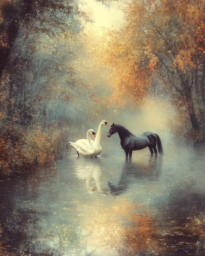A beautiful morning dance by swans and horses