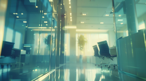 A beautiful office with glass walls and natural light
