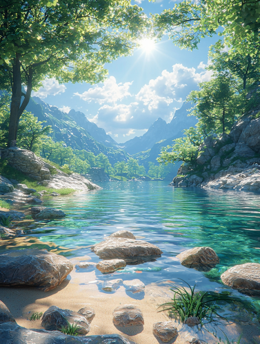 A beautiful realistic nature view with water, sky, sun