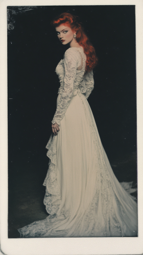 A beautiful red-haired woman in white gown