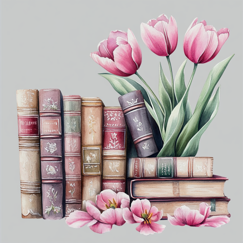 A beautiful stack of books with tulip petals A beautiful stack of books with tulip petals