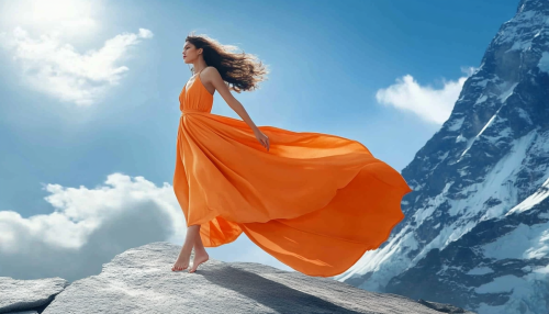 A beautiful woman in elegant clothes on Everest