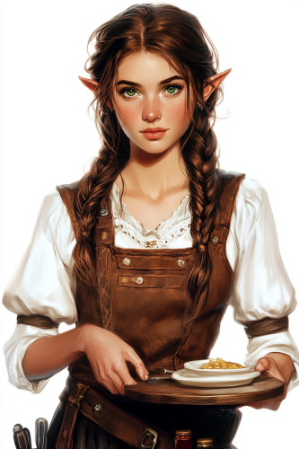 A beautiful young elf tavern waitress in fantasy