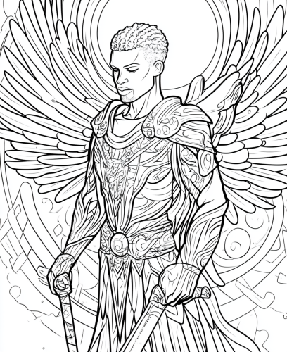 Coloring book of An angel with sword in hand.