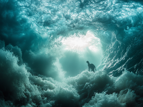 A big blue wave splashes under bright sun