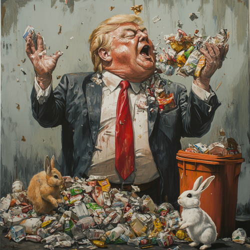 A big man with small hands covered in trash