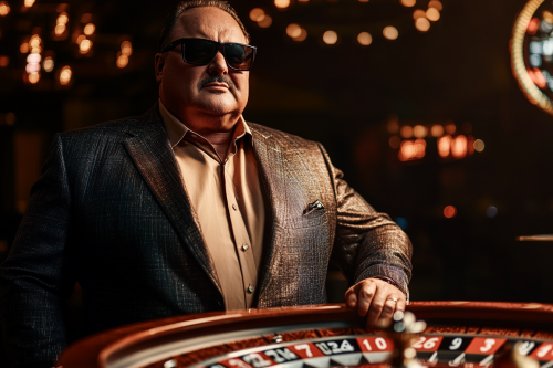 A big pit boss in suit by table casino.