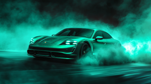 A black Porsche Taycan drifts emitting green smoke