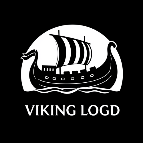 A black and white Viking longship logo