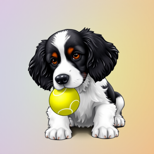 A black and white dog playing with ball.