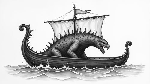 A black and white sea monster and a Viking boat.