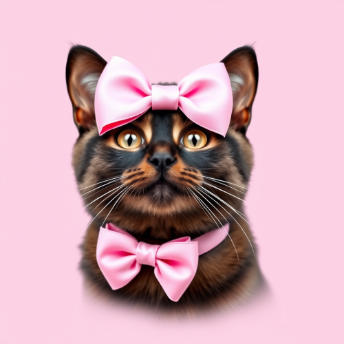 A black cat with a pink bow on head.