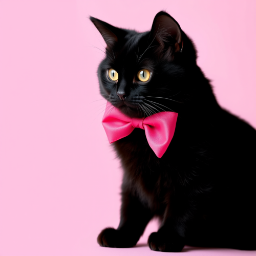 A black cat with bow on pink background.
