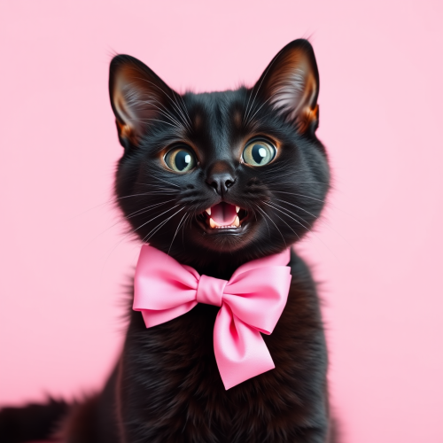 A black cat with pink bow smiles.