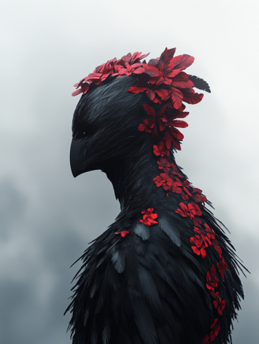 A black creature with red patterns and feathers