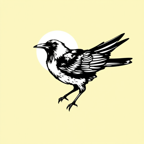 A black crow with X eyes and broken halo.