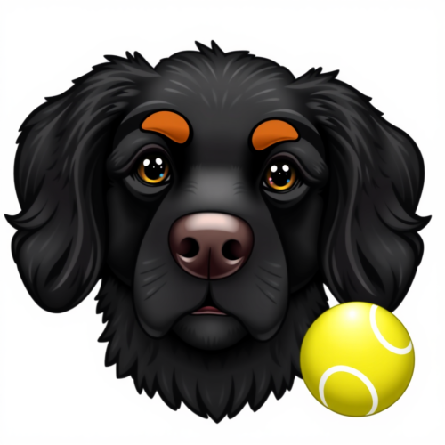 A black dog with brown eyebrows play tennis.