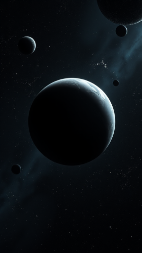 A black planet floating in space.