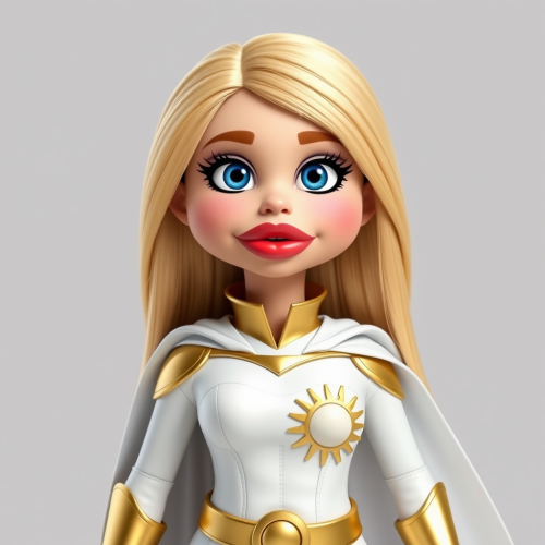 A blonde superhero girl in white and gold costume.