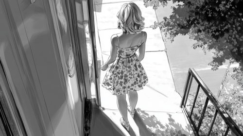 A blonde woman stepping out of apartment building