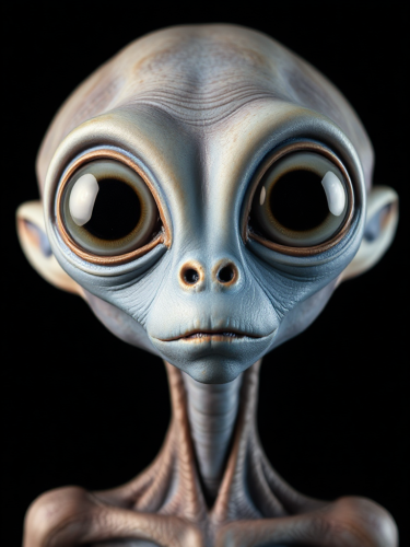 A blue alien with big eyes on black background.