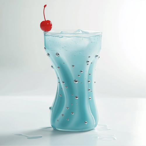 A blue cocktail with bubbles and cherry.