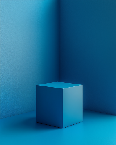 A blue desk with a blue cube
